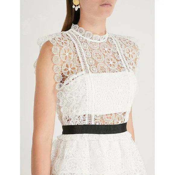 NWT Self Portrait White Lace Tiered Dress Size 8 MSRP $440 NEW Revolve